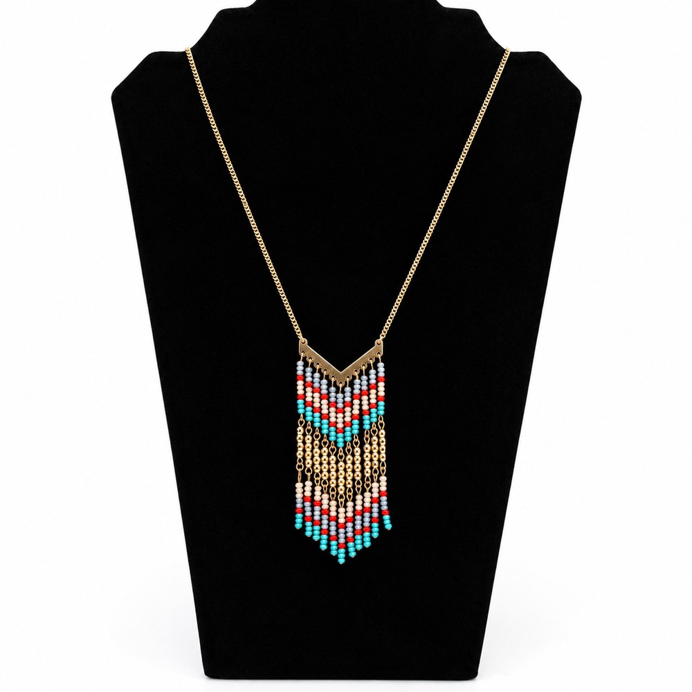 Premier Designs 'Lively' Necklace Multicolor Beaded Chevron Tassel Gold Tone